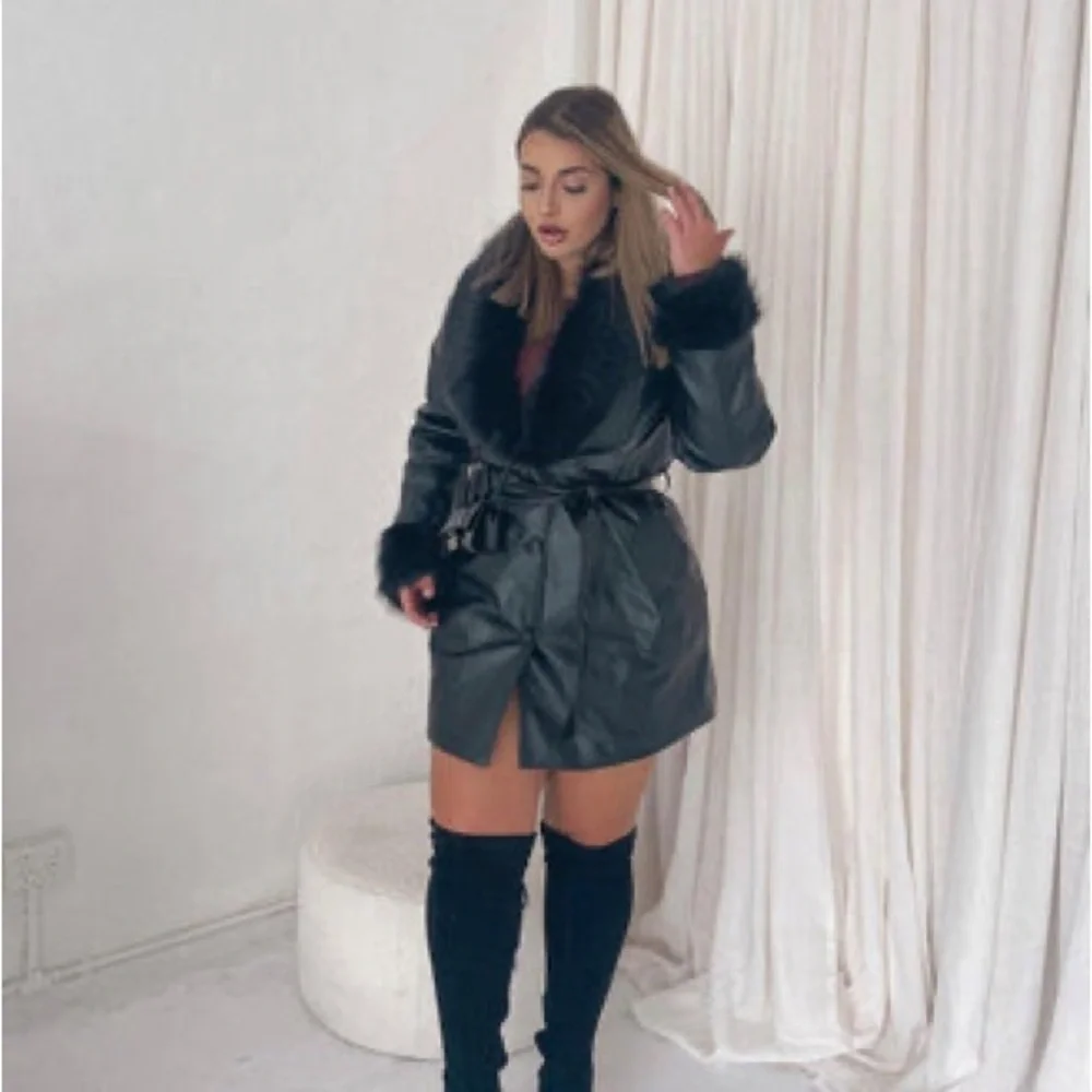 Peppermayo Black Faux Leather Belted Coat